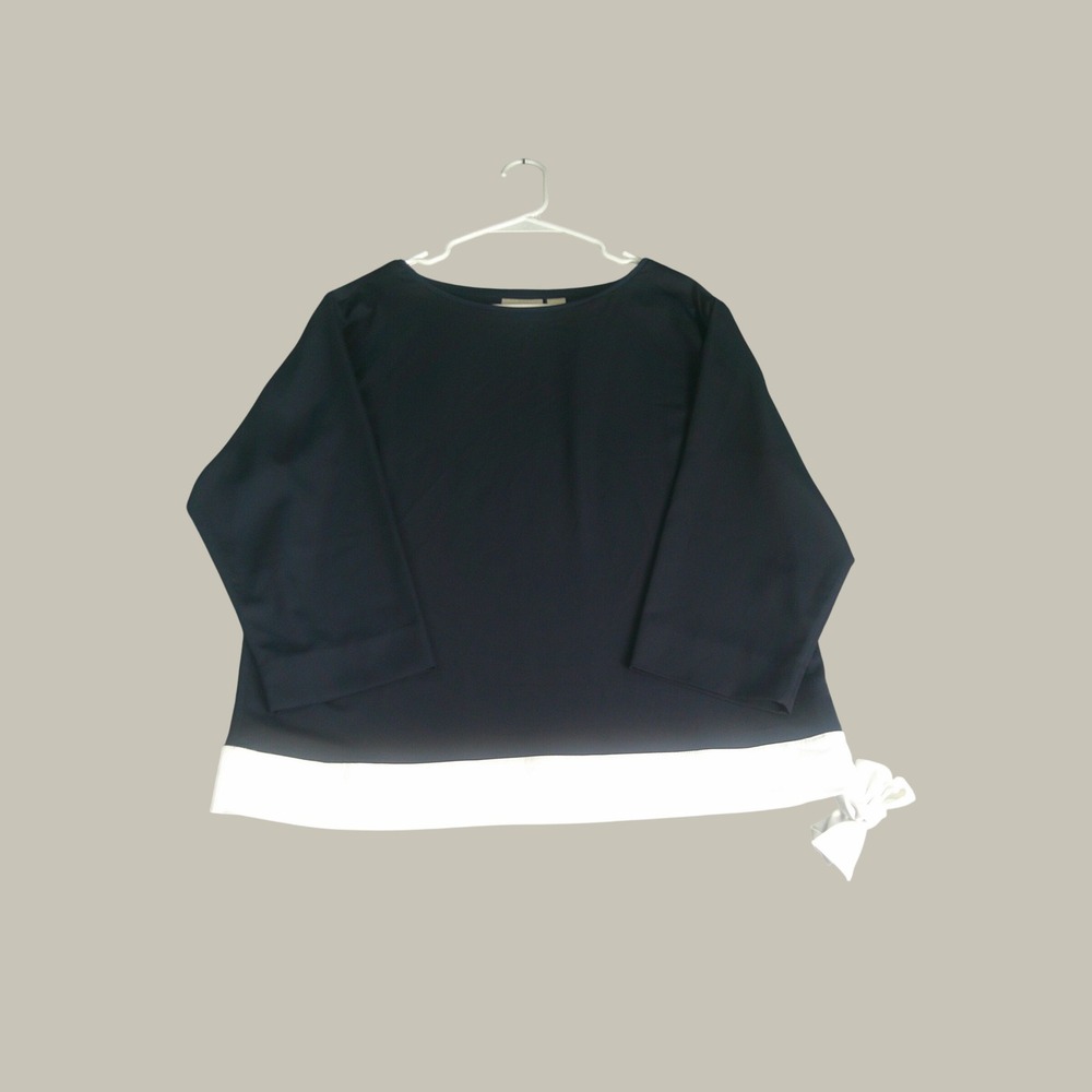 Chicos Navy Blue Side Tie Blouse White Contrast Hem 3/4 Sleeve Top Size 1/Medium